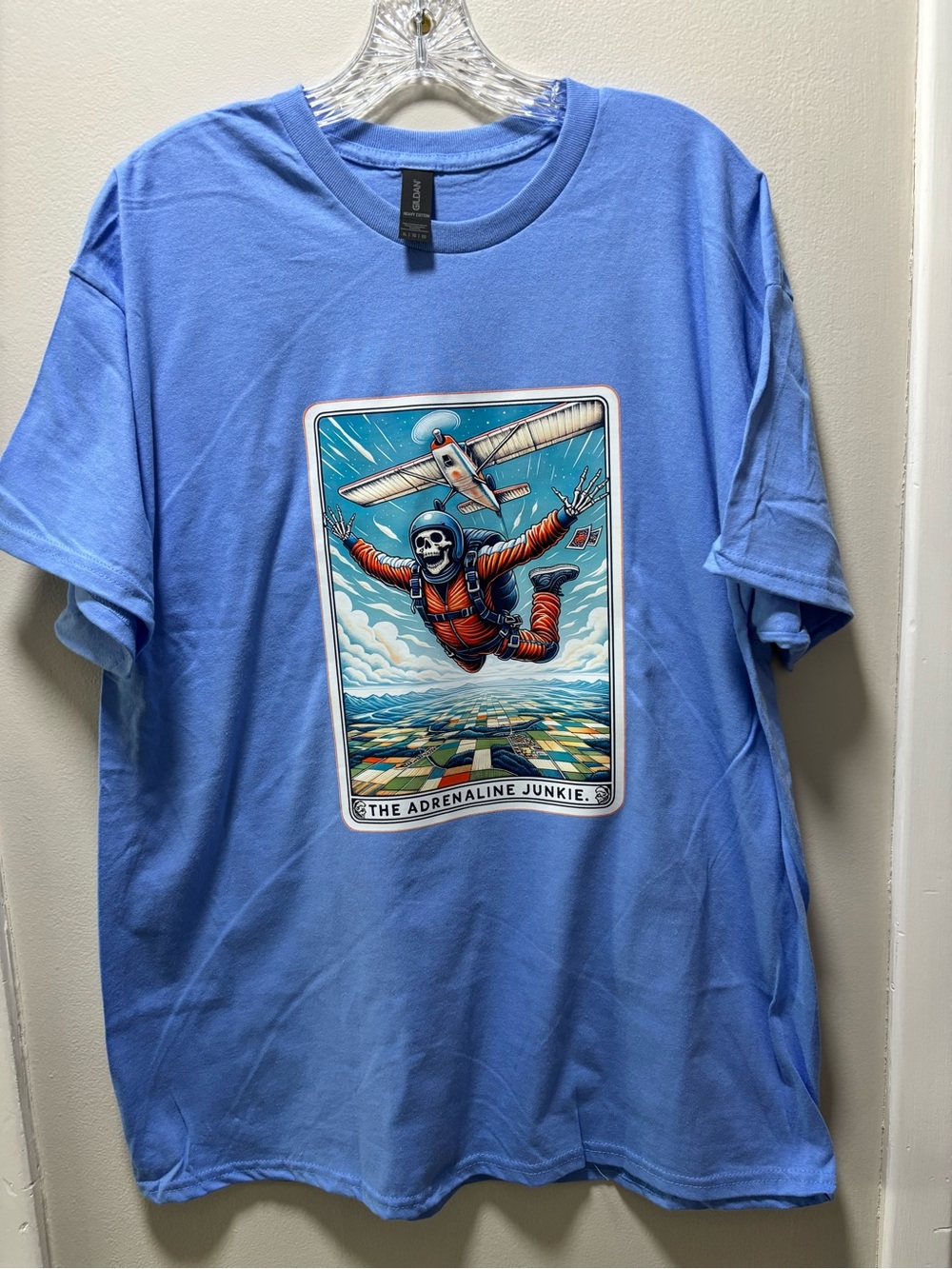 Men’s XL DTF Transfer Blue Short Sleeve Tee Skydiving Skeleton Newly Handmade